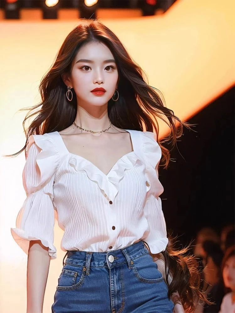 French Elegant Shirts V Neck Puff Sleeve Solid Color Ruffles Patchwork Single Breasted Blouses Summer All Match Women's Clothing