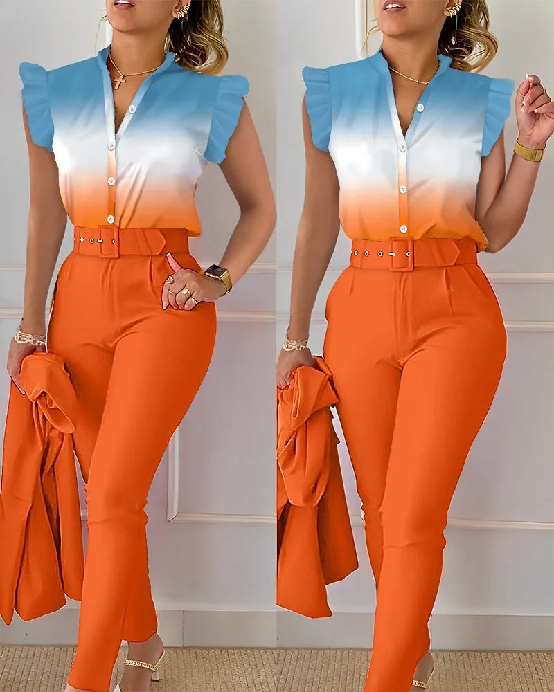Elegant Womens Slim Two-Piece Sets Summer Fashion Print V Neck Button Flying Sleeve Shirt Top & Solid Long Pants Suits With Belt