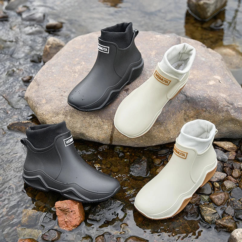 Winter Windproof Cotton Rain Boots Men Warm Light Ankle Rainboots Fashion Black Slip on Rain Shoes Men Waterproof Work Boot 2024
