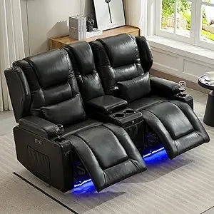 Loveseat Recliner Sofa with Power Recline, Adjustable Split Back, Multi-Port Charger, Flip-Up Backrest & LED Lighting – Home Th