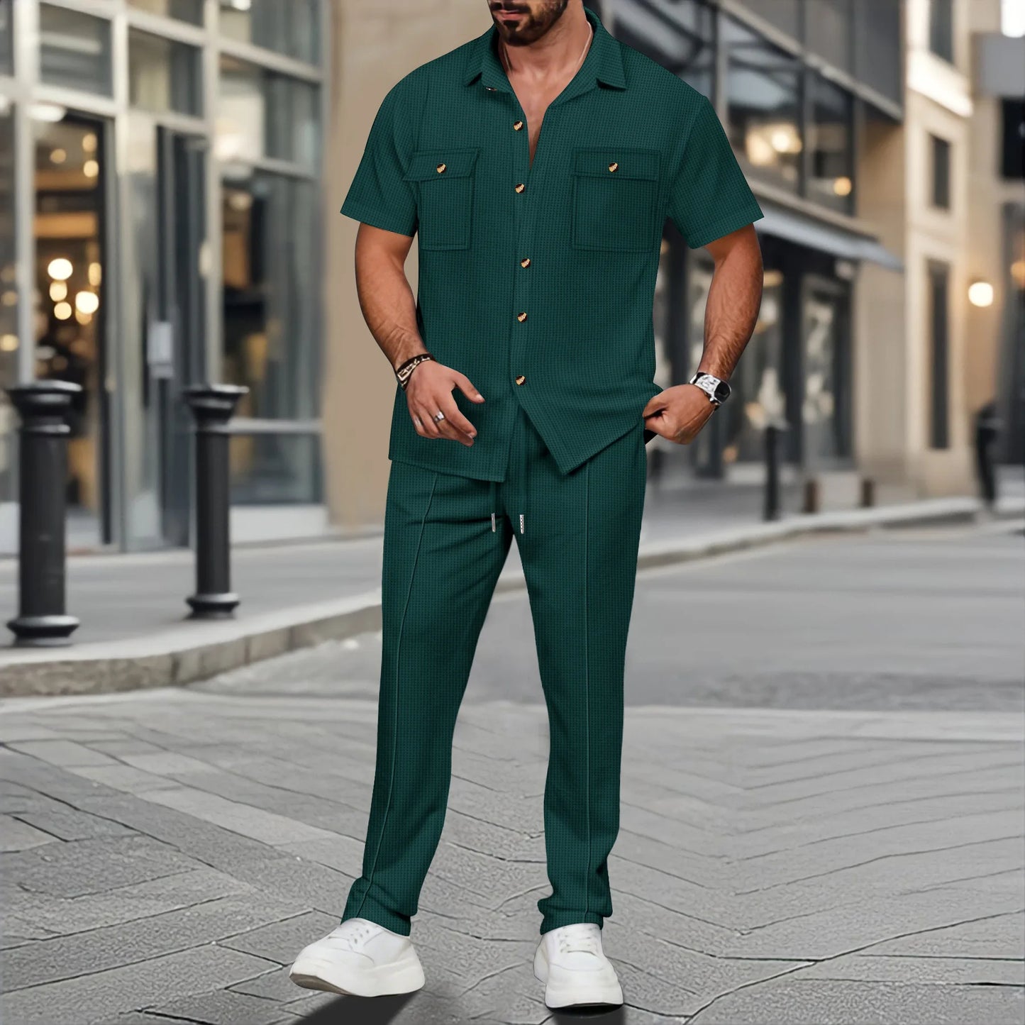 2025 New solid color button pocket shirt short sleeve trousers waffle check two-piece set, outdoor travel set spring and summer