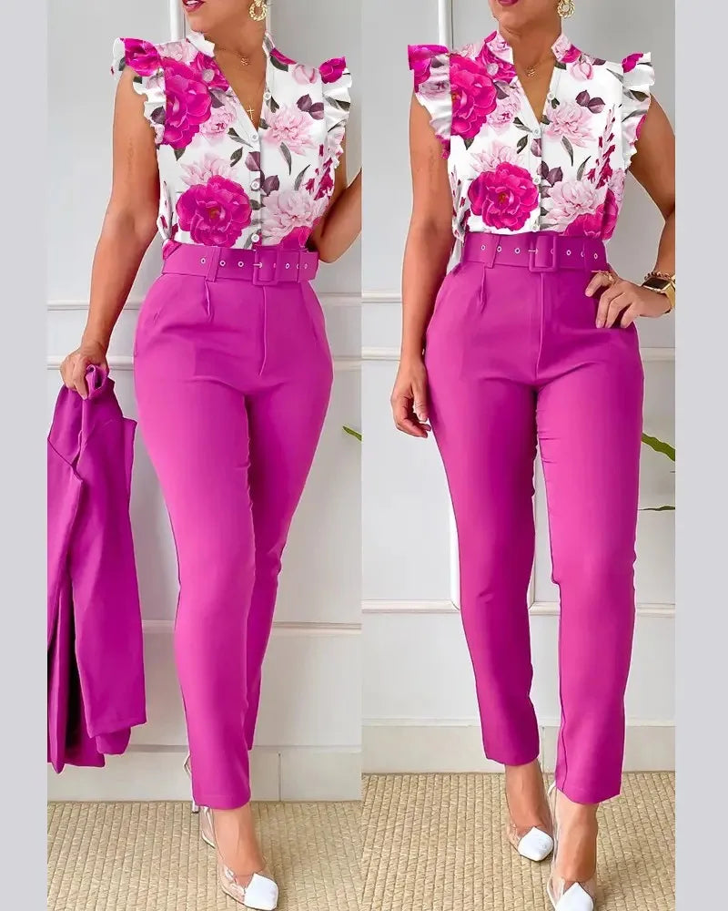 Elegant Womens Slim Two-Piece Sets Summer Fashion Print V Neck Button Flying Sleeve Shirt Top & Solid Long Pants Suits With Belt