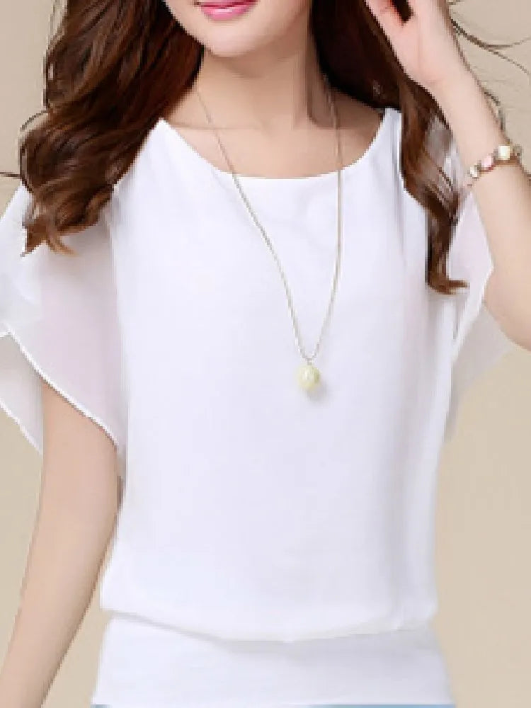 New Summer O Neck Short Sleeve Loose Fashion Chiffon Shirt For Women Top Black Casual Shirts Women Clothes 2025