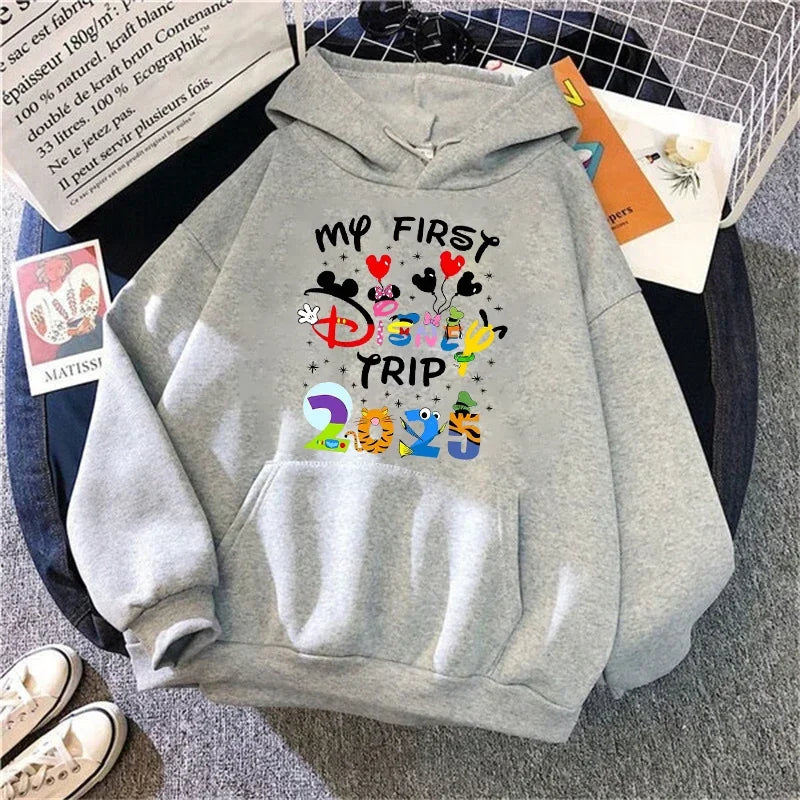 2025 Disney Mickey Minnie Family Vacation Printed Hoodie Autumn My First Disney Trip Pullover Tops Women Casual Sweatshirt