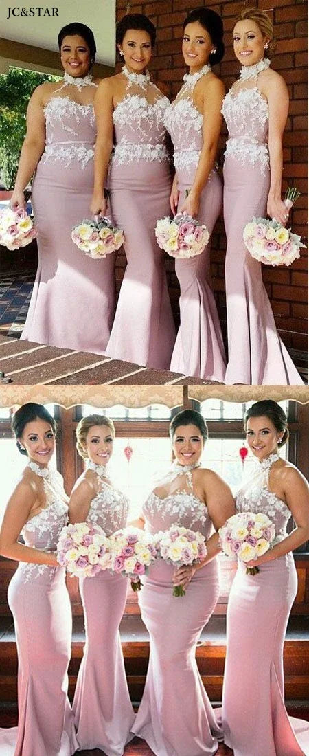 Dusty Pink Mermaid Long Bridesmaid Dress High Neck 3D Flower Lace Satin Hochzeitspartykleid Long African Vestido De Gala Prom