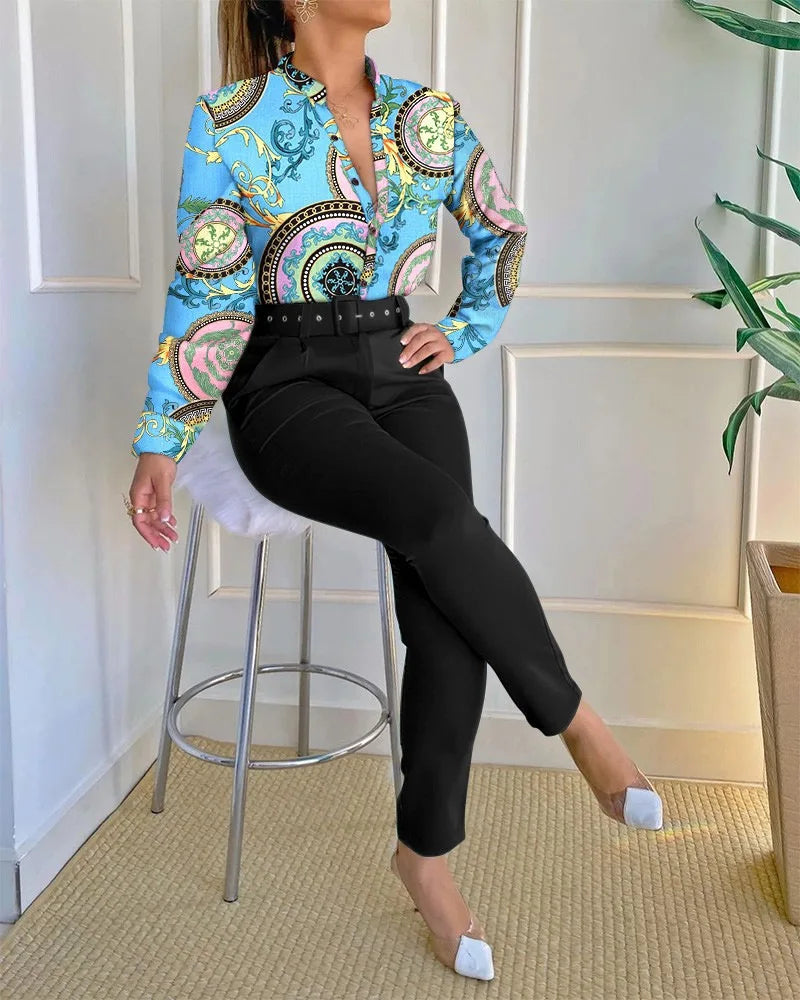 Spring New Printed Long Sleeved Shirt Suit Women's Slim Retro Stand Collar Pocket Small Foot Trousers Two Piece Set With Belt
