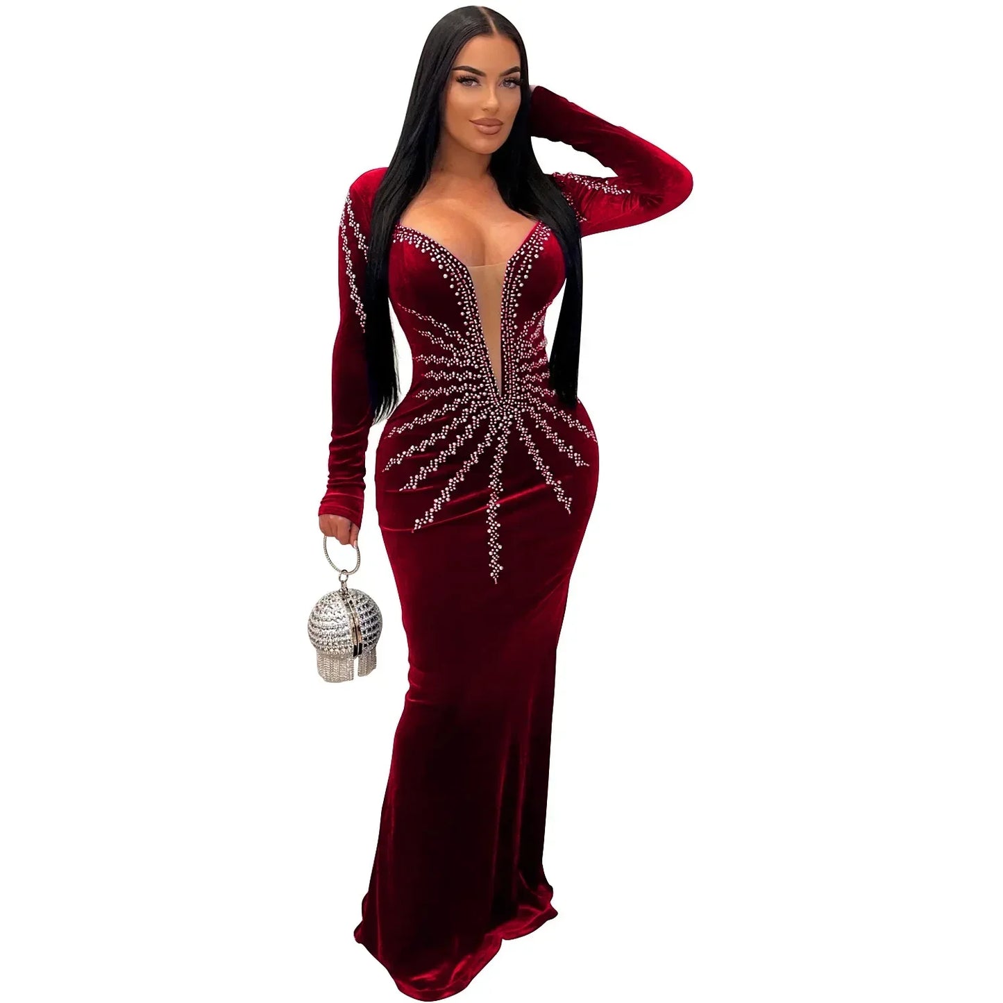2025 Elegant Diamonds Velvet Long Party Dress for Women Sexy Deep V Evening Gown Formal Black Slim Dress Robe