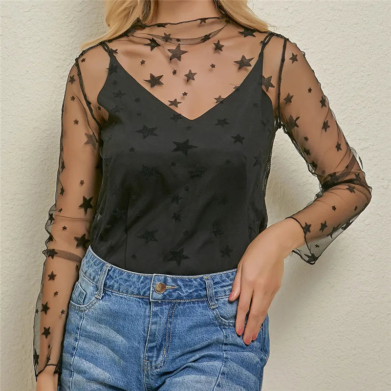 Women Mesh See Shirt Through Elegant Tops 2024 Hollow Transparent Fashion Exquisite Shirts Pentagram Dot Base Top