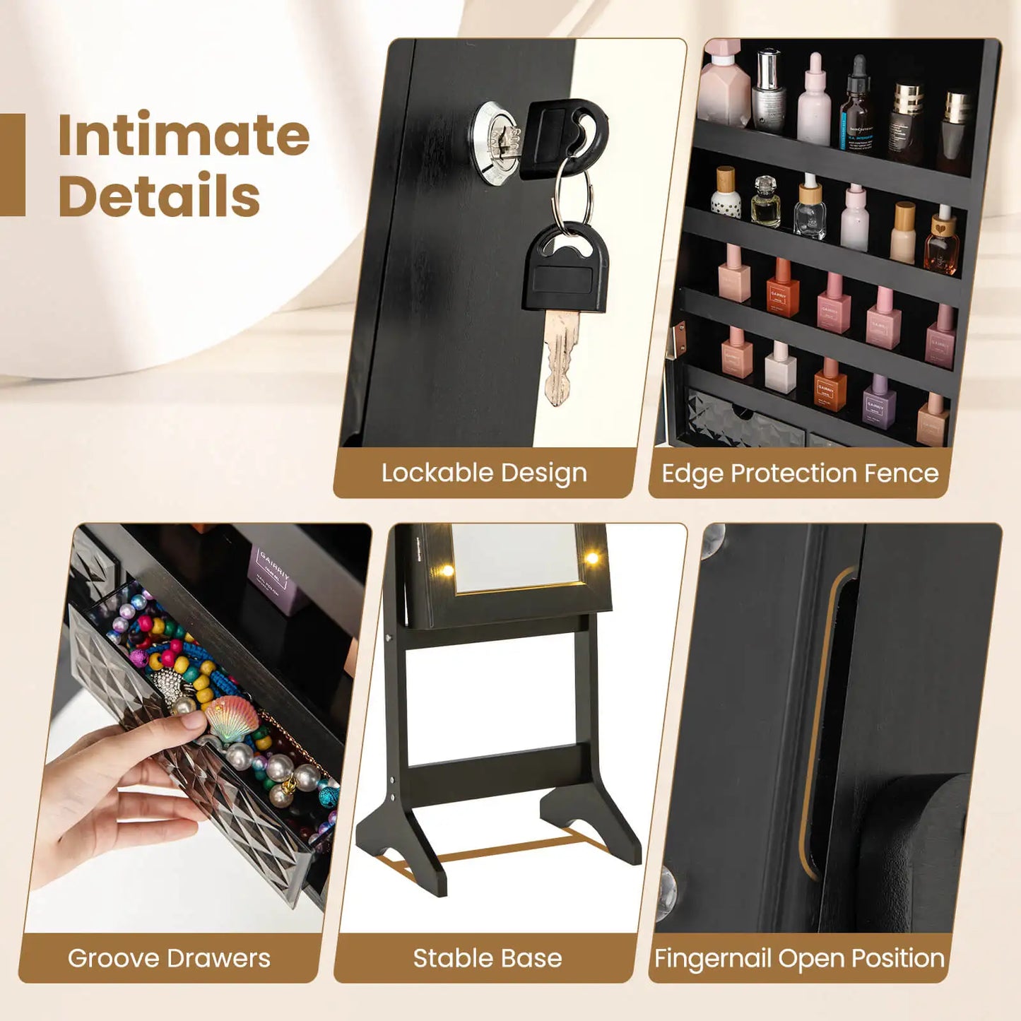 LED Mirror Jewelry Cabinet w/20 LED Lights Full-Length Mirror Adjustable Angles