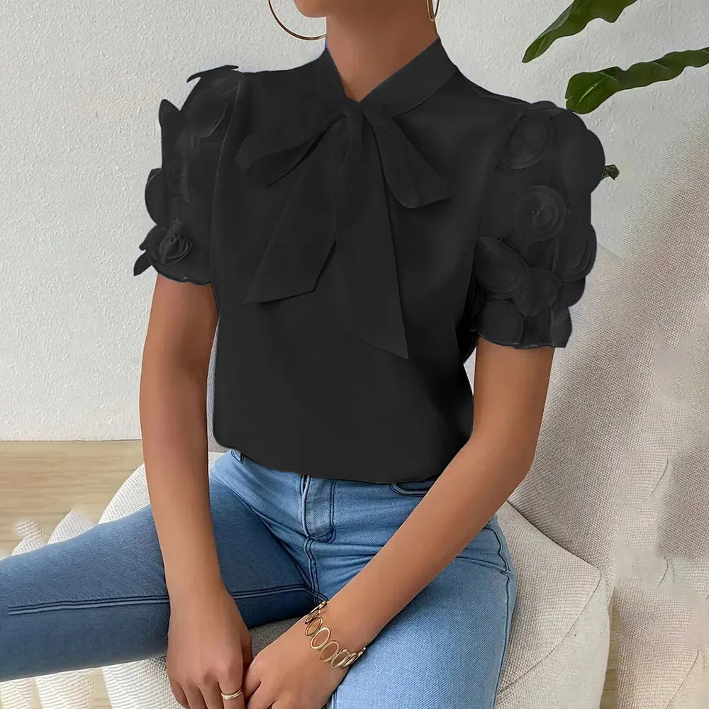 Summer Short Sleeve Blouses For Women 2025 Fashion Loose Bow O-neck White Tops Casual Ladies Shirts Elegant