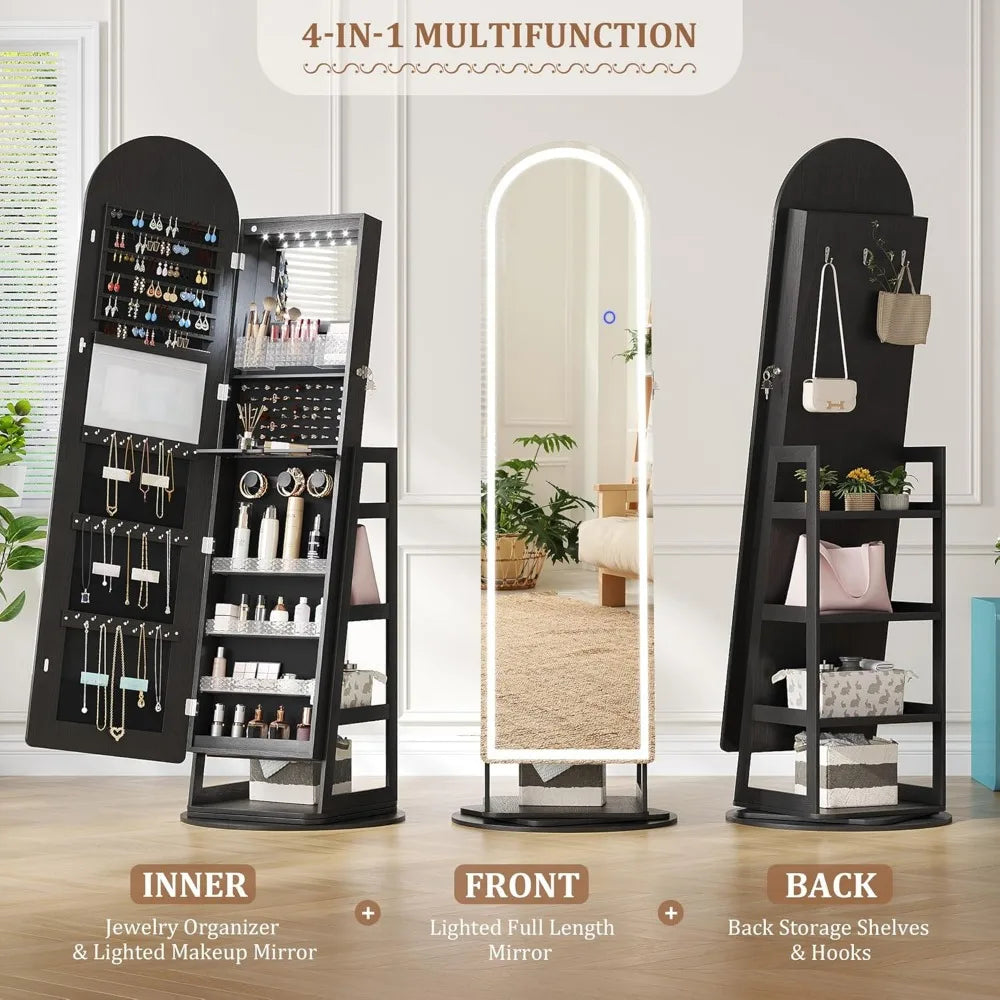 LED Mirror Jewelry Cabinet Standing, Lockable Jewelry Armoire with Arched Full-Length Mirror and Adjustable LED Lights, Space-S