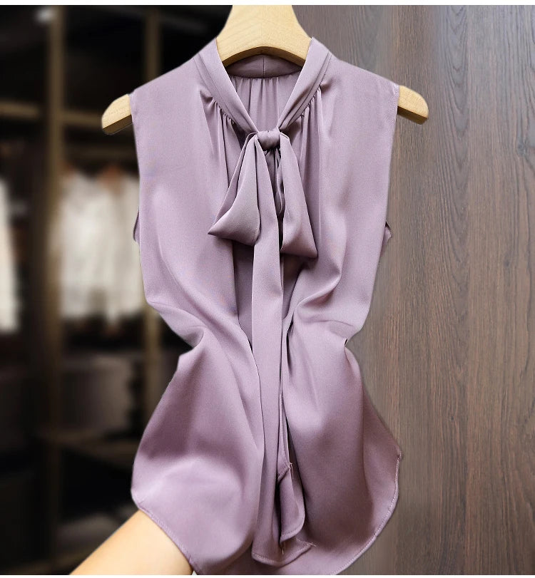 Fashion ice Silk Top Pink Acetate satin shirts blusas mujer de verano lace up bow tie Sexy elegant chiffon blouse рубашка винтаж