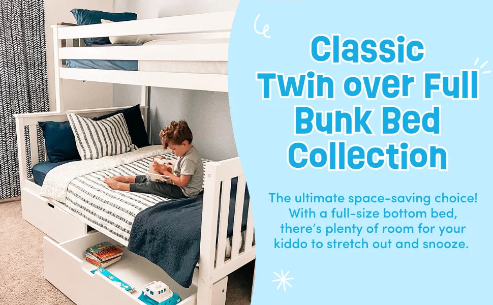 Children Beds, Bunk Bed Twin Over Full Size with Ladder, Solid Wood Platform Bed Frame with Ladder for Kids, Safety Guardrails