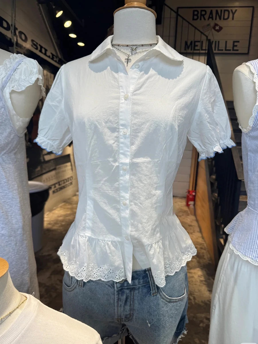 Blue Striped Short Sleeve Blouse Women Summer Peter Pan Collar Single Breasted Top Shirt Preppy Style Sweet Blouses Y2k 2025 New