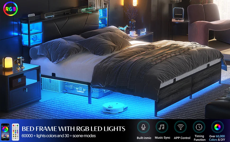 LED King Size Bed Frame with Charging Outlets & Sturdy Bed W/Upholstered Headboard, Heavy Duty Metal Slats, No Box Spring Needed