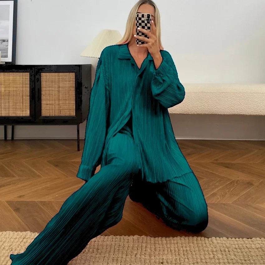 CM.YAYA Street Women's Set Long Sleeve Shirt Tops and Wide Leg Pants Elegant Tracksuit Two Piece Set Sweatsuit Fitness Outfits