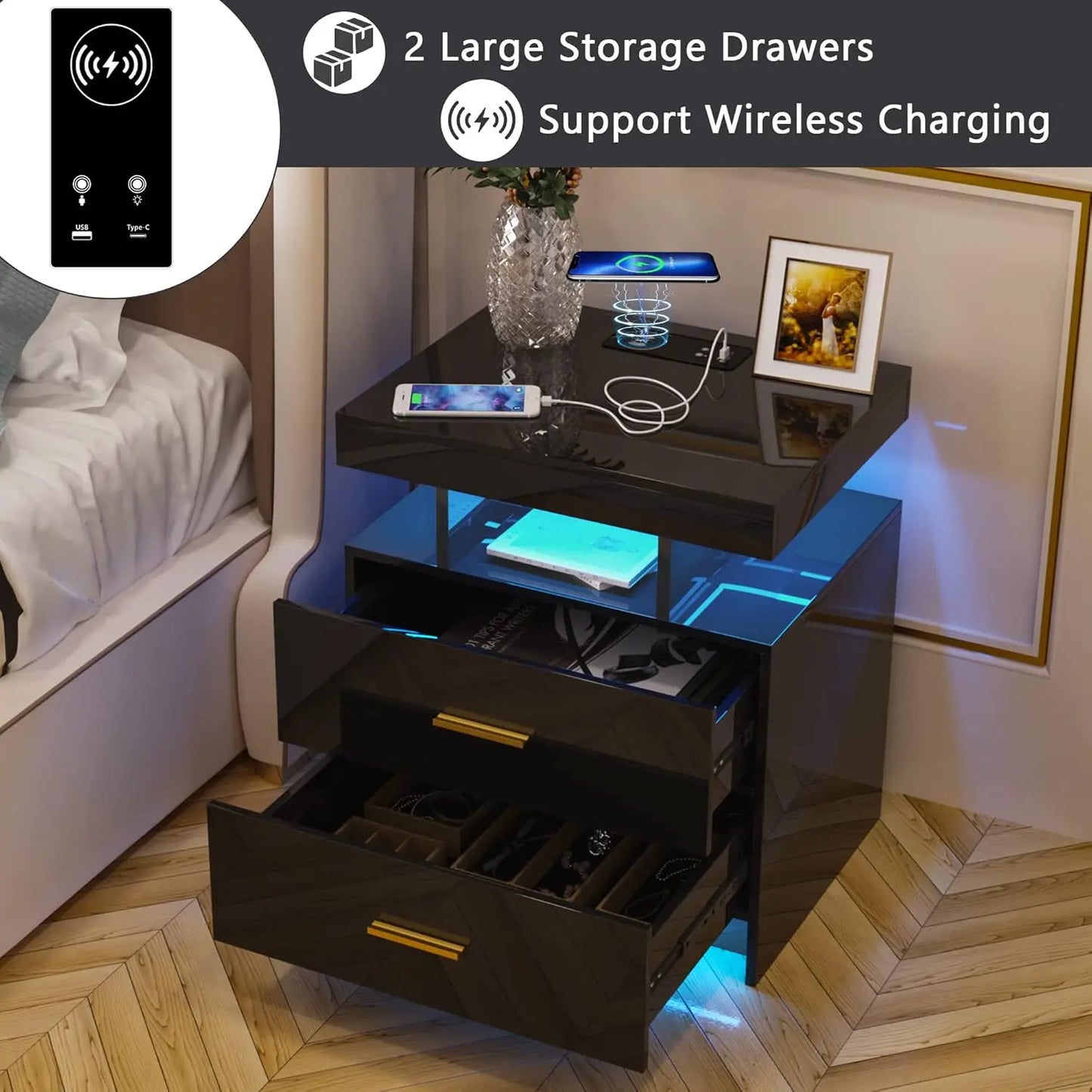 LED Nightstand with Charging Station High Gloss Bedside Table with 2 Drawers, Smart Night Stand with Auto Sensor Lights