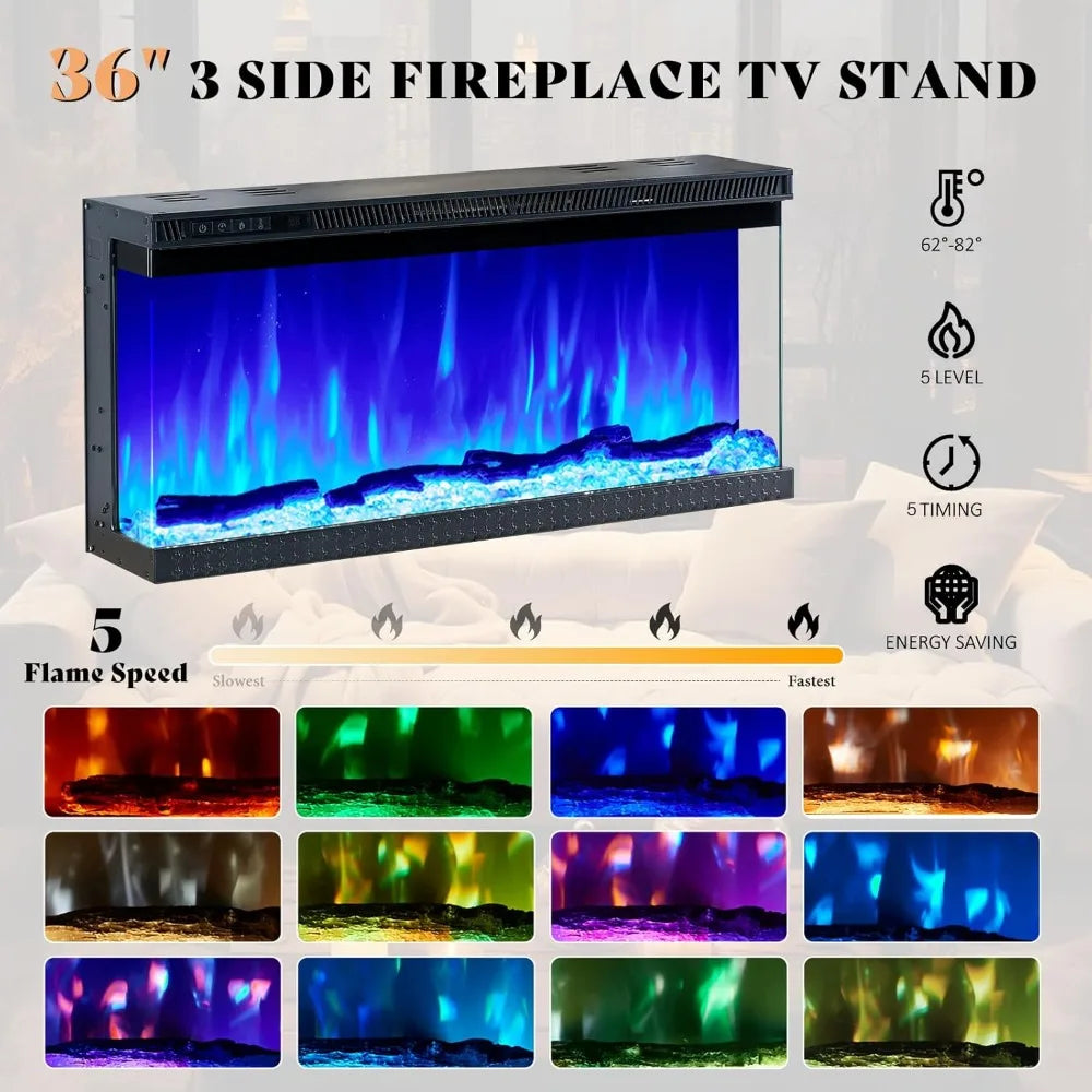 Farmhouse LED Fireplace TV Stand with 3-Sided Glass Fireplace, 70" Large Entertainment Center for TVs up to 80", Rustic TV Cons