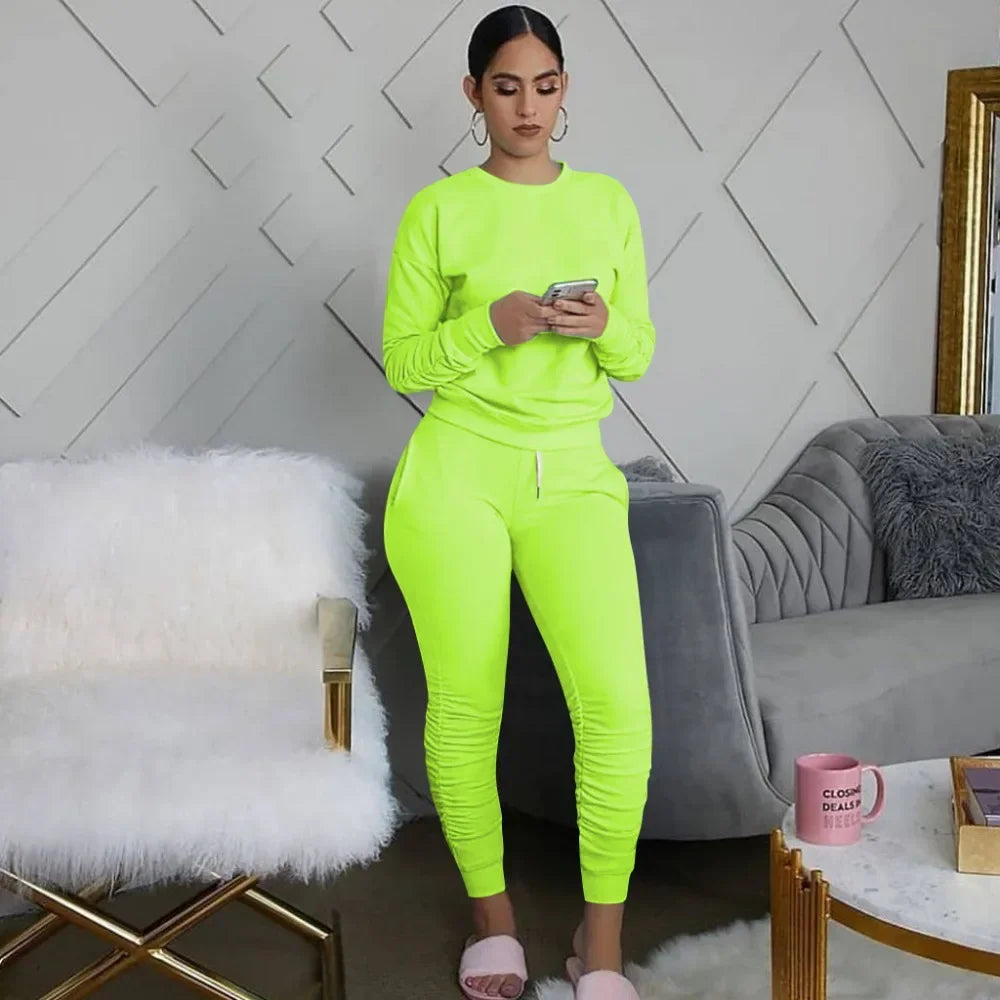 New round Neck Long Sleeve Slim Fit Warm Top Elastic Waistband Lace-up Trousers Simple Solid Color Sports Two-Piece Set