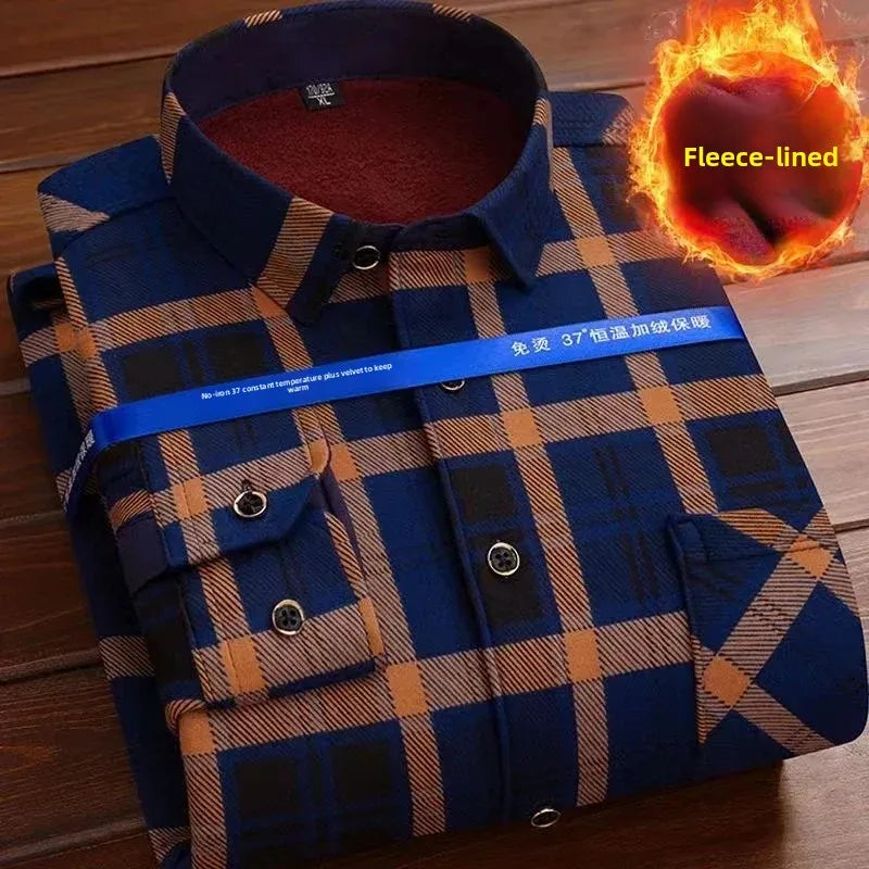 2025 Men's Autumn Winter Thick Warm Long Sleeve Plaid Shirt