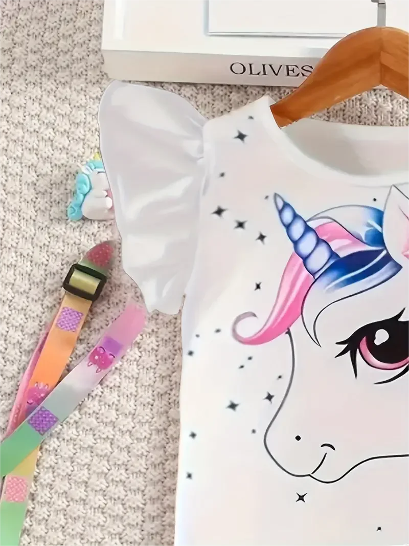 Summer girls fashion trend set, 2-piece peplum cartoon unicorn T-shirt and faux denim print bell bottoms