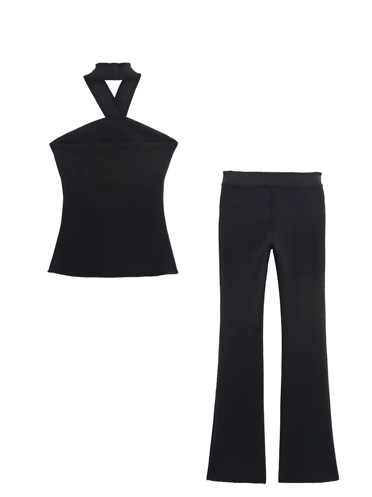 HH Women Suit Black Elasticity Neck Halter Button Design Sleeveless Backless Sexy Top+Elastic Waist Casual Slim Long Pant