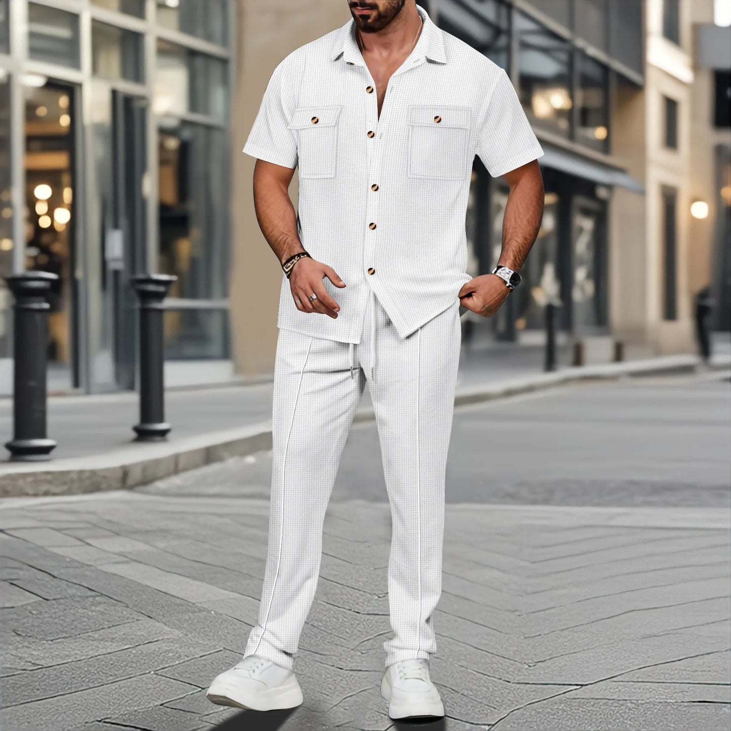 2025 New solid color button pocket shirt short sleeve trousers waffle check two-piece set, outdoor travel set spring and summer