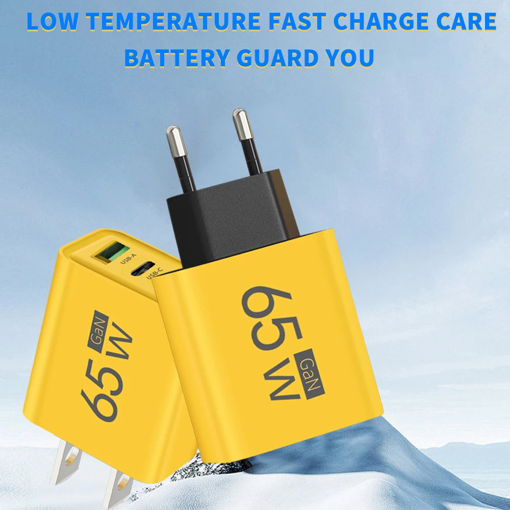 GaN 65W USB C Charger 3 Port PD Quick Charge Wall Plug Adapter For iPhone 15 14 Samsung Xiaomi Huawei EU US Travel Fast Charger