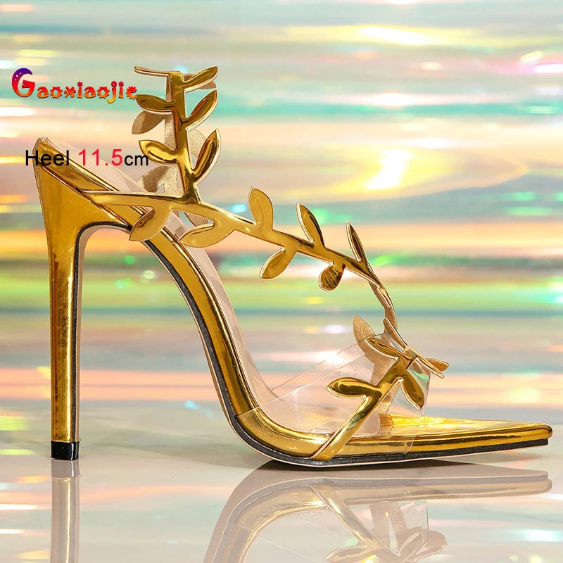 2025 New Style Women Sandals Foreign Trade 11.5cm Stiletto Lady Shoes Fashion Pointed Toe Leaf Decoration Gold Losed Toe Sandals