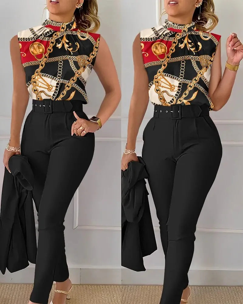 Women's Two Piece Set O Neck Sleeveless Top Pencil Pants Fashion Print With Belt Blouses Tank 2 Piece Set Female Women Clothing