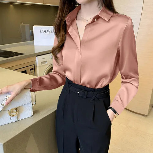 Satin Women's Shirt Long Sleeve Fashion Woman Blouse 2025 Solid Top Female Shirts and Blouse Basic Ladies Tops OL Women Clothing