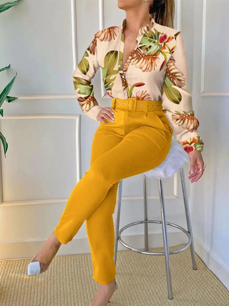 Spring New Printed Long Sleeved Shirt Suit Women's Slim Retro Stand Collar Pocket Small Foot Trousers Two Piece Set With Belt
