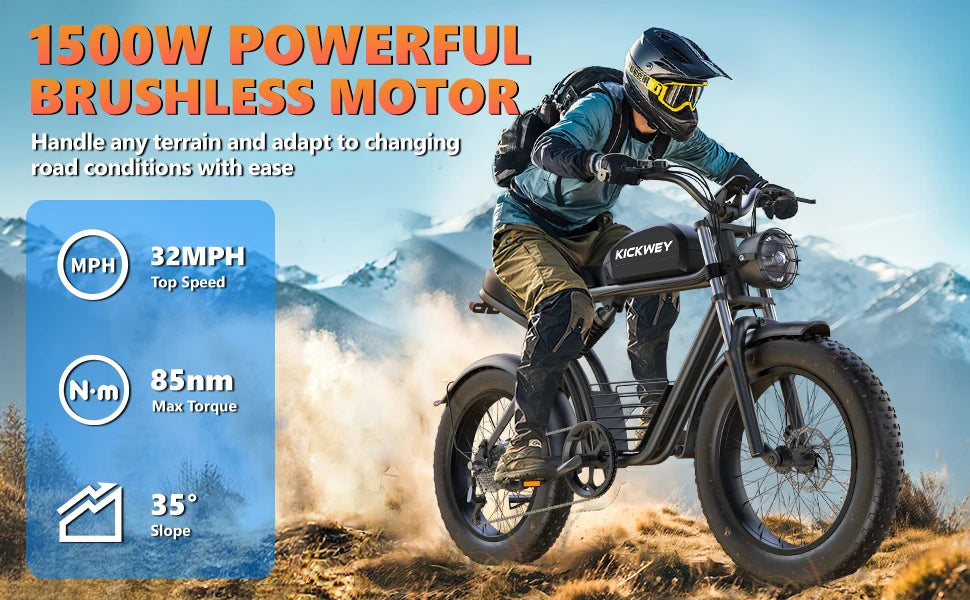 Kickwey K7 Adult Electric Bicycle 1500w 48V 23ah Mountain Electric Bike 20 Inch Fat Tire Outdoor Entertainment Off Road E Bike