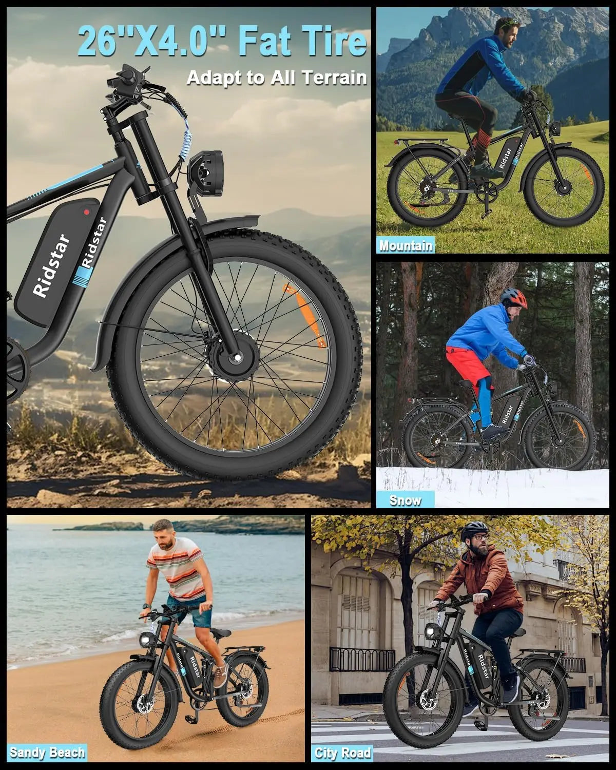 Ridstar 2000W Electric Bike 26 Inch Fat Tire Adult Ebike 48V 23AH Battery Dual Motor Off-Road All Terrain Electric Bicycle EMTB