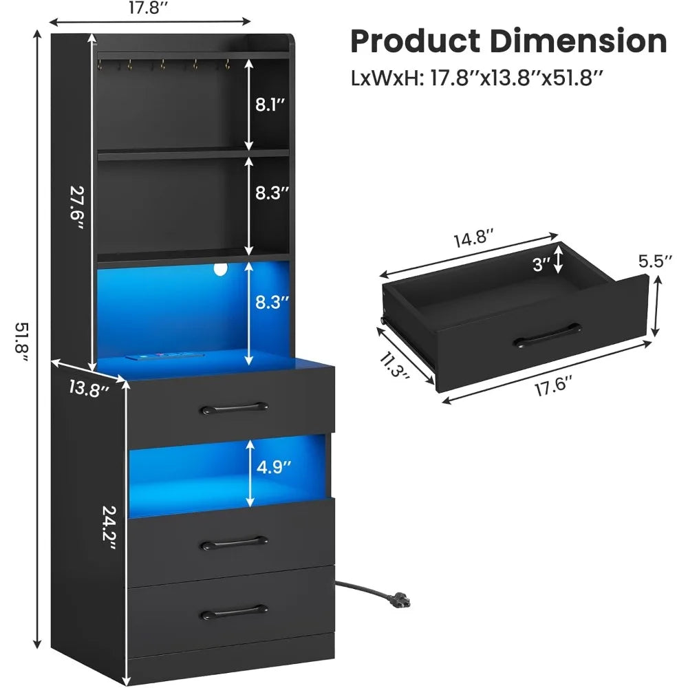Tall Nightstand with Charging Station and LED Lights, Large Black Night Stand with Bookshelf, Modern LED Bedside Table with 3 D