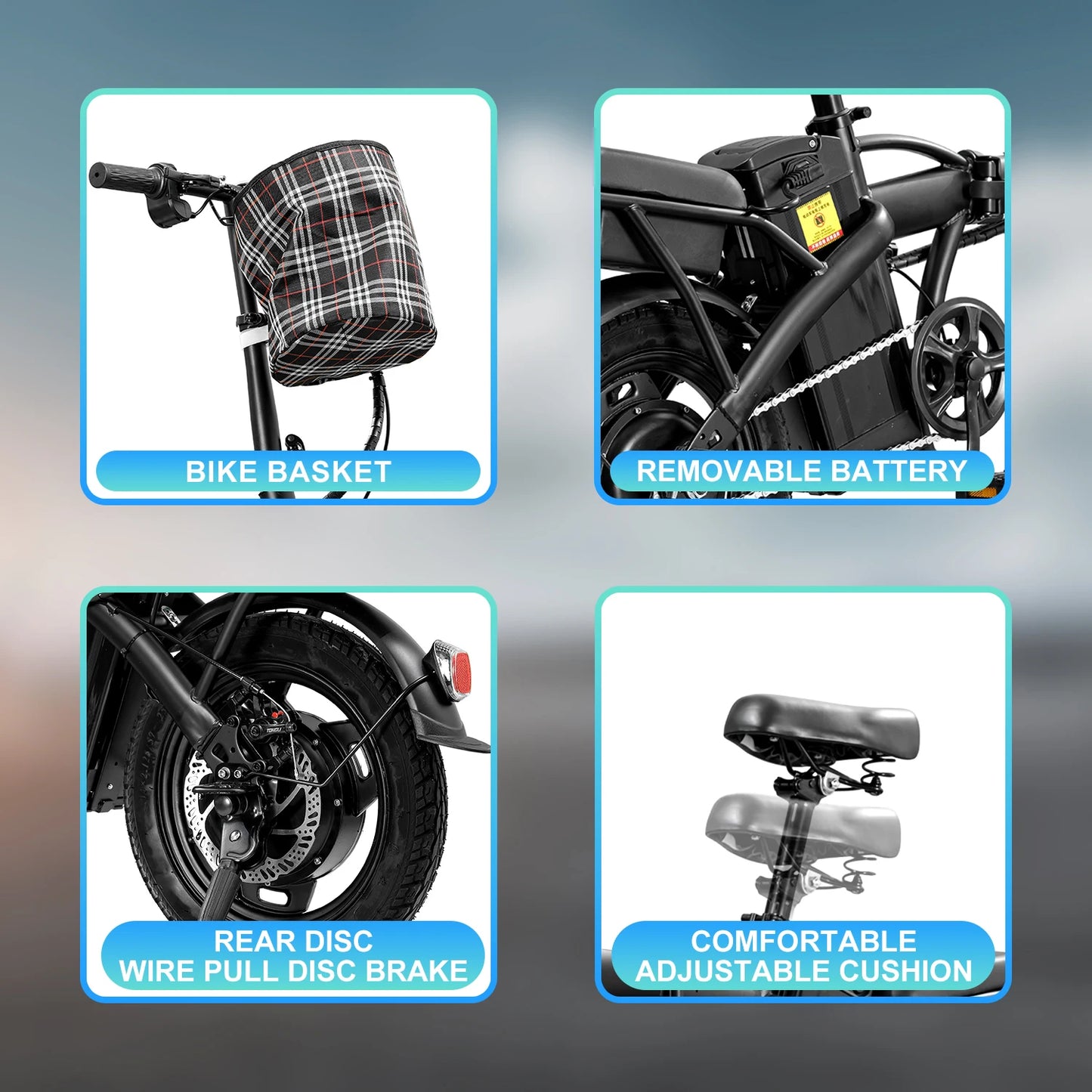 Folding Ebike Carbon Steel 14inch Road Tires 48V 350W Cheap Bicimoto Electrica with Basket Lightweight Foldable Adult Brushless