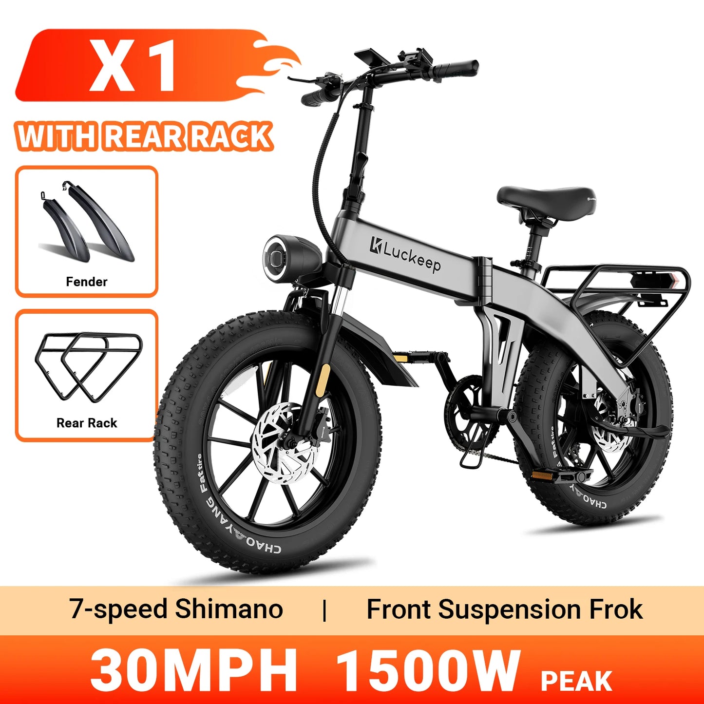 Luckeep X1 Folding Electric Bike for Adults 1500W Peak Motor,30 60 Miles,720WH Battery 20" x 4.0" Fat Tire Foldable Ebike
