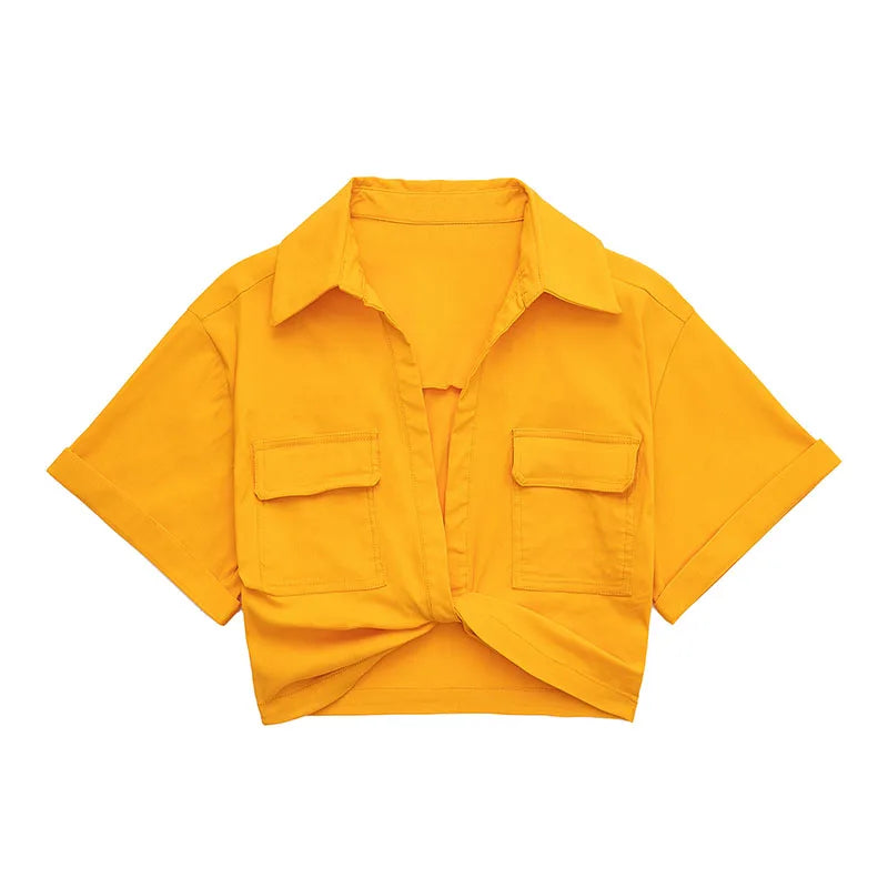 Women Safari Style Pockets Patch Knotted Linen Short Smock Blouse Lady Chic Kimono Cropped Shirt Blusas Tops