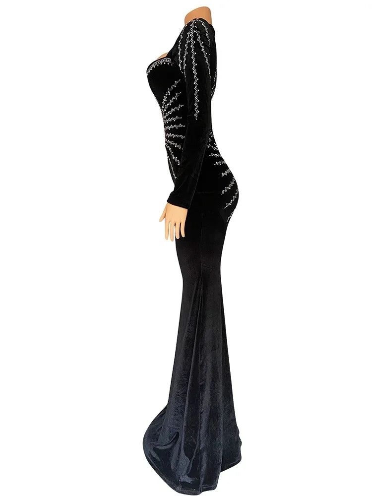 2025 Elegant Diamonds Velvet Long Party Dress for Women Sexy Deep V Evening Gown Formal Black Slim Dress Robe