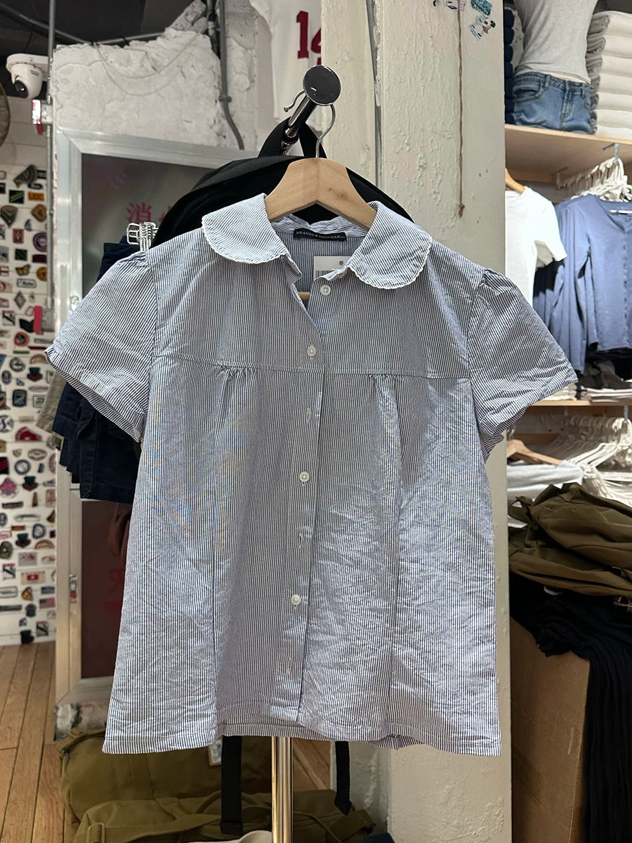 Blue Striped Short Sleeve Blouse Women Summer Peter Pan Collar Single Breasted Top Shirt Preppy Style Sweet Blouses Y2k 2025 New