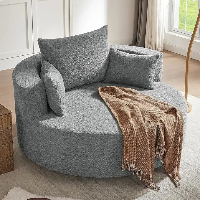 55.1” Oversized Round Swivel Barrel Chair, Large Upholstered Accent Sofa Chair with 3 Pillow,Comfy Chenille Cloud Circle Reading