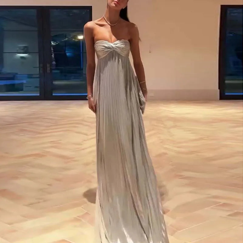 Sexy Strapless Kink Elegant Party Dresses Woman Chic Solid High Waist Pleated Maxi Dress Summer Backless Hollow Split Long Dress