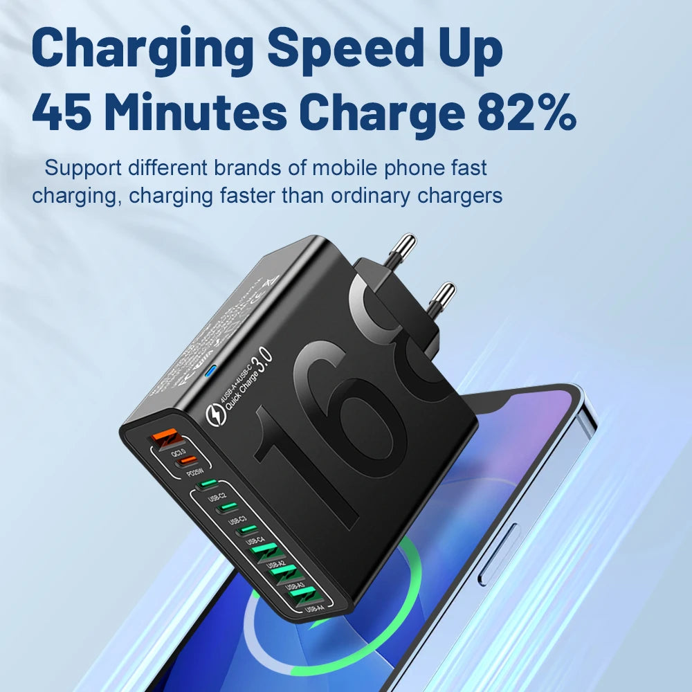 Multi Ports USB Charger 150W PD Fast Charging Phone Charger Adapter For iPhone 15 Samsung Xiaomi Type C EU/US Plug Wall Charger