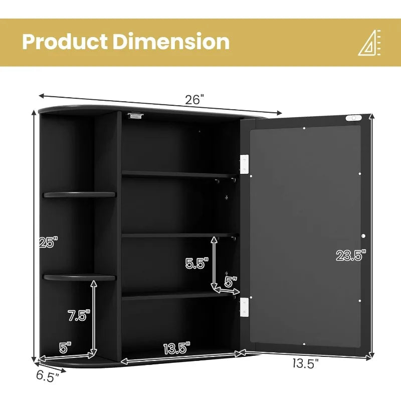 Tangkula Bathroom Medicine Cabinet with Mirror, Wall Mounted Home Storage with Door & 6 Open Shelves, (Black)