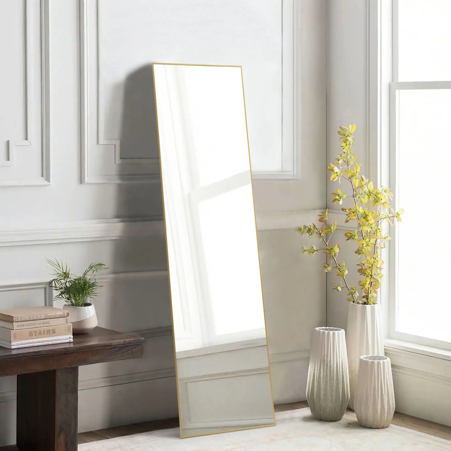 JHK-Full Length Arched Right Angle Mirror with Stand for Living Room, Sturdy Aluminum Alloy Frame, Bedroom Furniture, 59 "x 16"