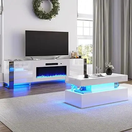 3-Piece Modern Living Room Table Sets, 80" Modern LED TV Stand with 40" Electric Fireplace, High Gloss Coffee Tables for Living