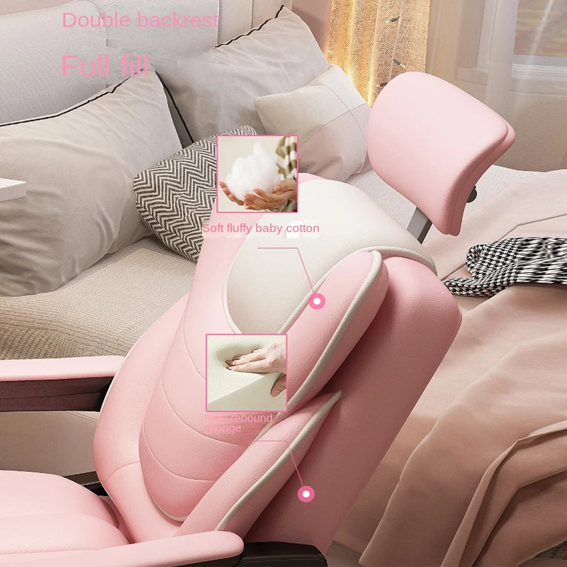 Pink Gaming Chair for Girls Home Computer Office Chair Comfortable Pink PU Leater Bedroom Sofa Reclining Writing Desk Chairs