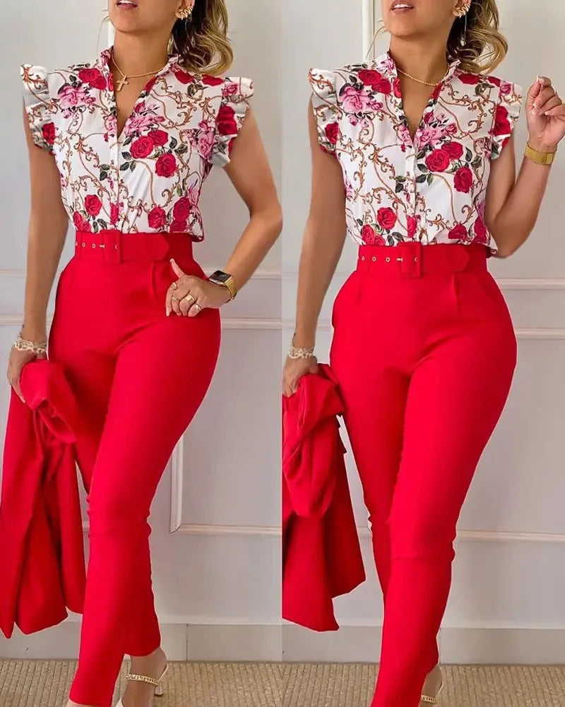 Elegant Womens Slim Two-Piece Sets Summer Fashion Print V Neck Button Flying Sleeve Shirt Top & Solid Long Pants Suits With Belt