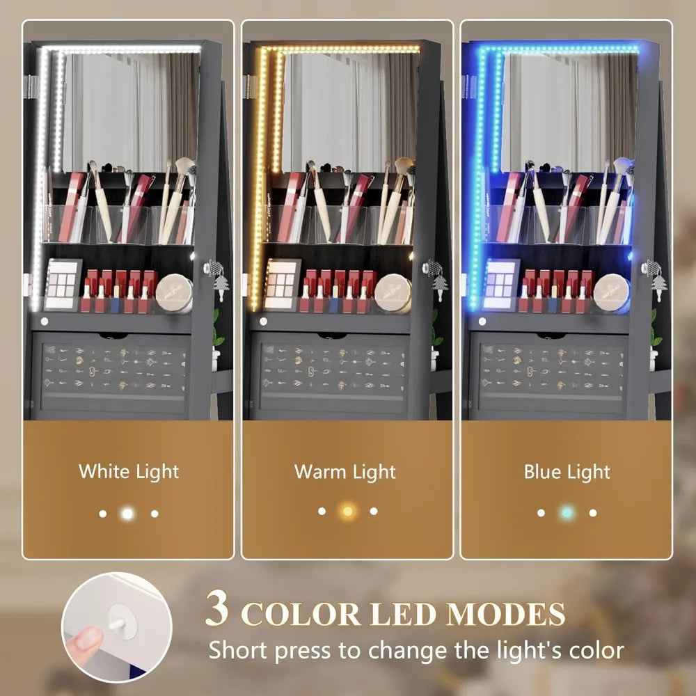 Mirror Jewelry Cabinet Standing, 360° Swivel Jewelry Armoire with Full Length Mirror, Lockable Mirror with Jewelry Storage