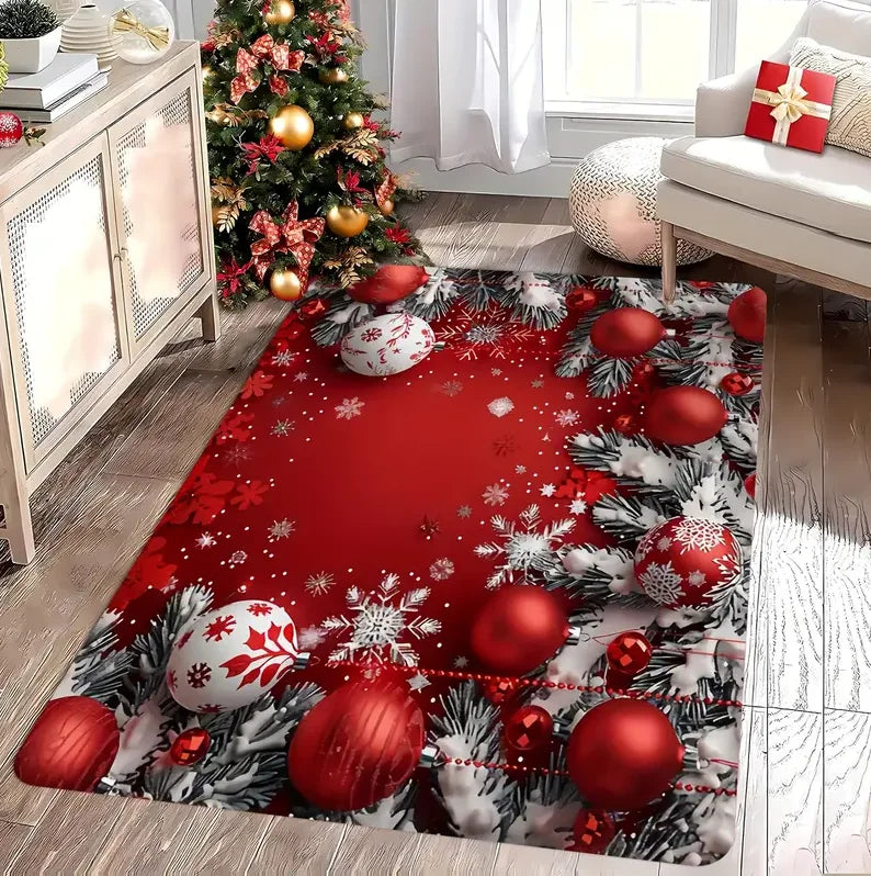 Christmas House Snowflake Area Mat Red with Gold and White Snowflakes Living Room Bedroom Decoration Holiday Home Decoration